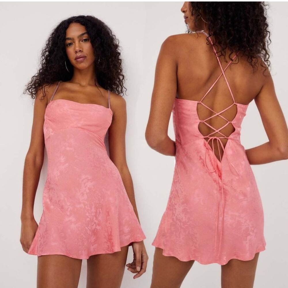 For Love And Lemons Pink Lace-Up Back Slip Dress